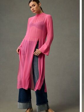 Anthropologie Sheer Hot Pink Longline Tunic